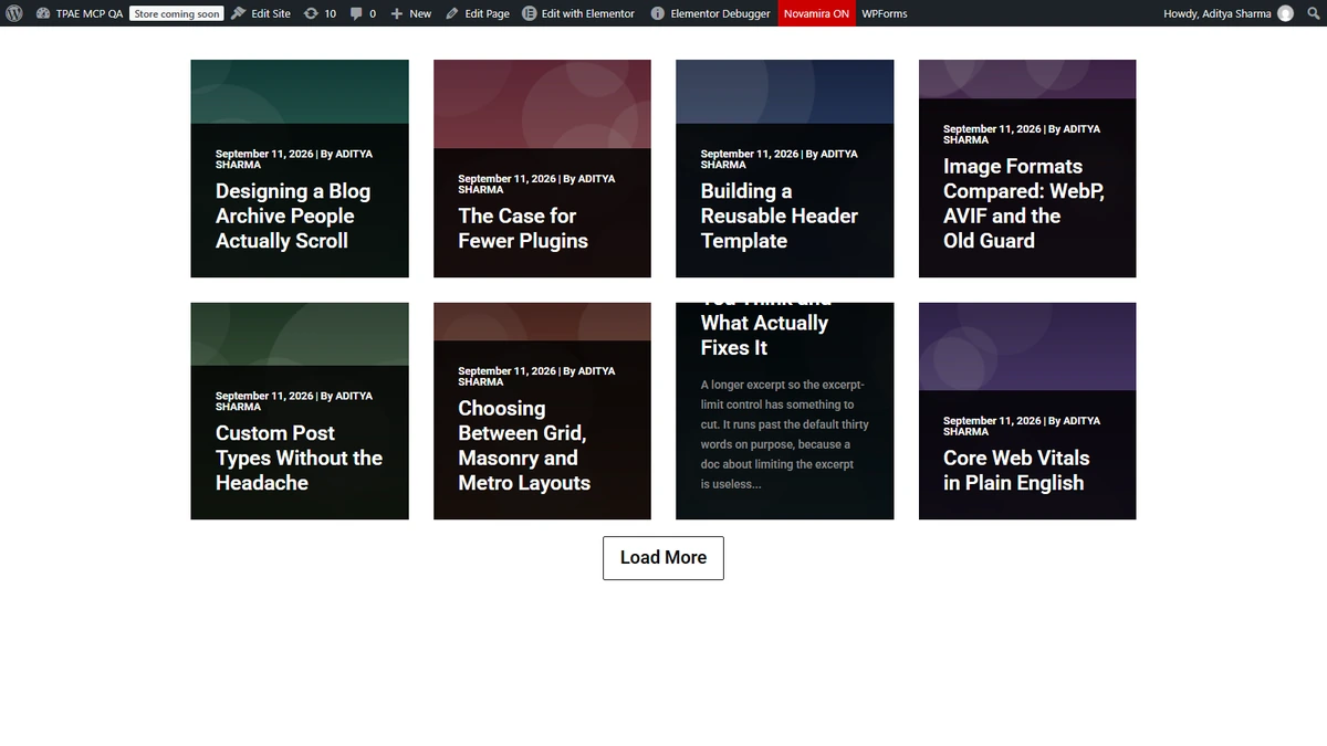 Grid after clicking load more once - 8 posts visible instead of the initial 4, loaded in place