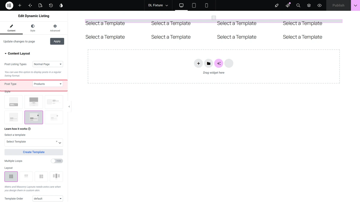 The select a template picker for a custom post type, before a template has been chosen