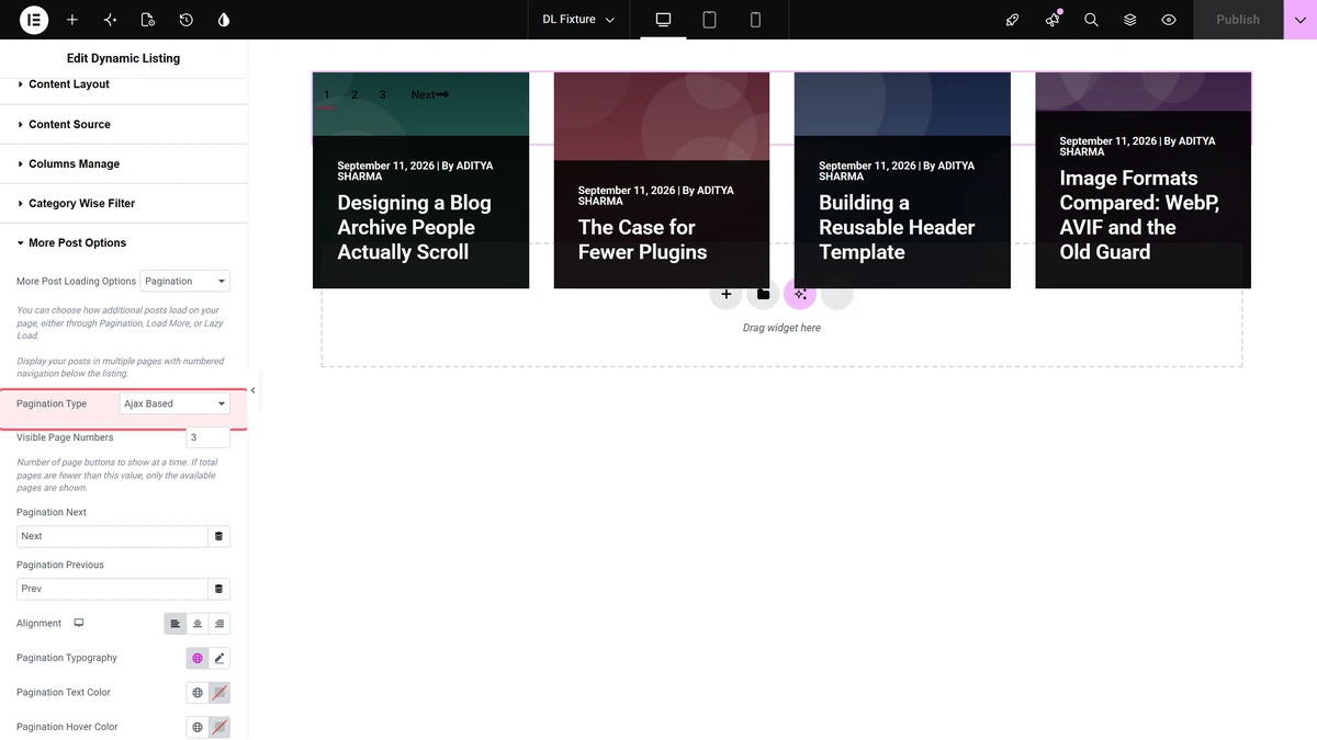 How to Add Pagination in Custom Post Types in Elementor? Pagination type set to ajaxbased, with visible page numbers