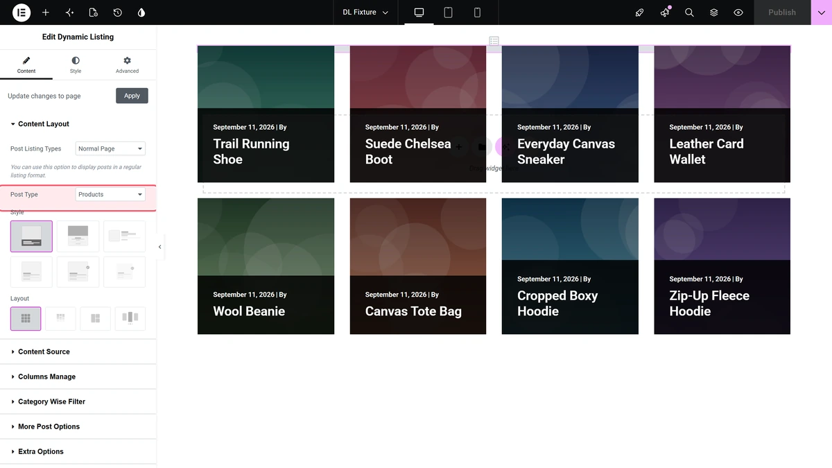 Post type select set to product
