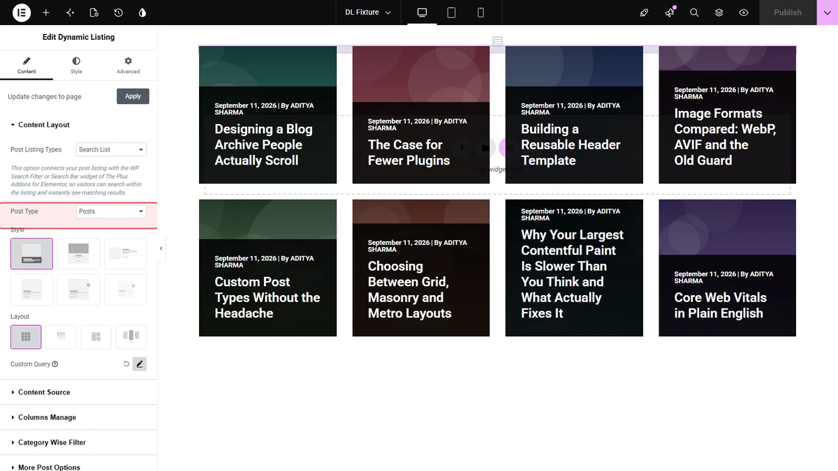 How to Customize the Search Result Page in Elementor? Search list results rendered with a styled dynamic listing card