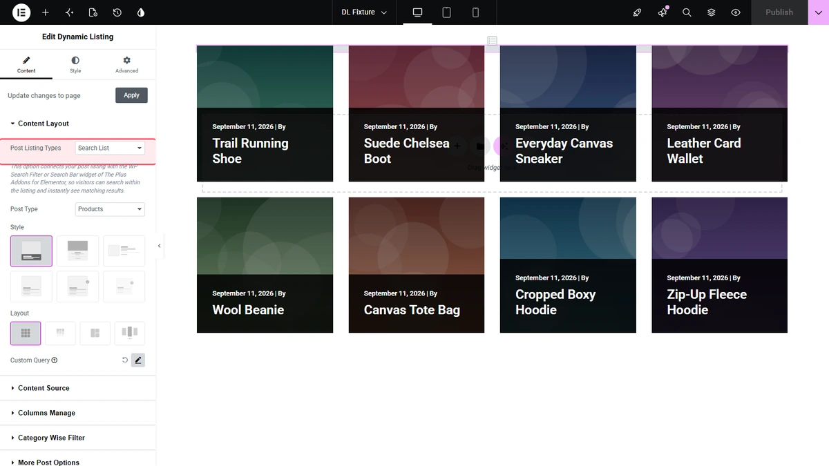 Post listing types set to search list, with its connection note