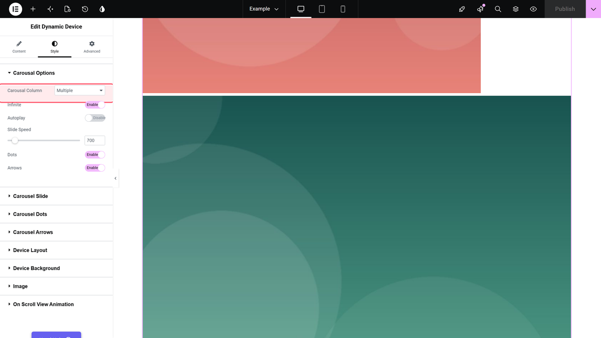 How to create a Device Slider in Elementor for SmartWatch, Tablet or Custom Device? Style > carousal options with the special carousel layout selected.