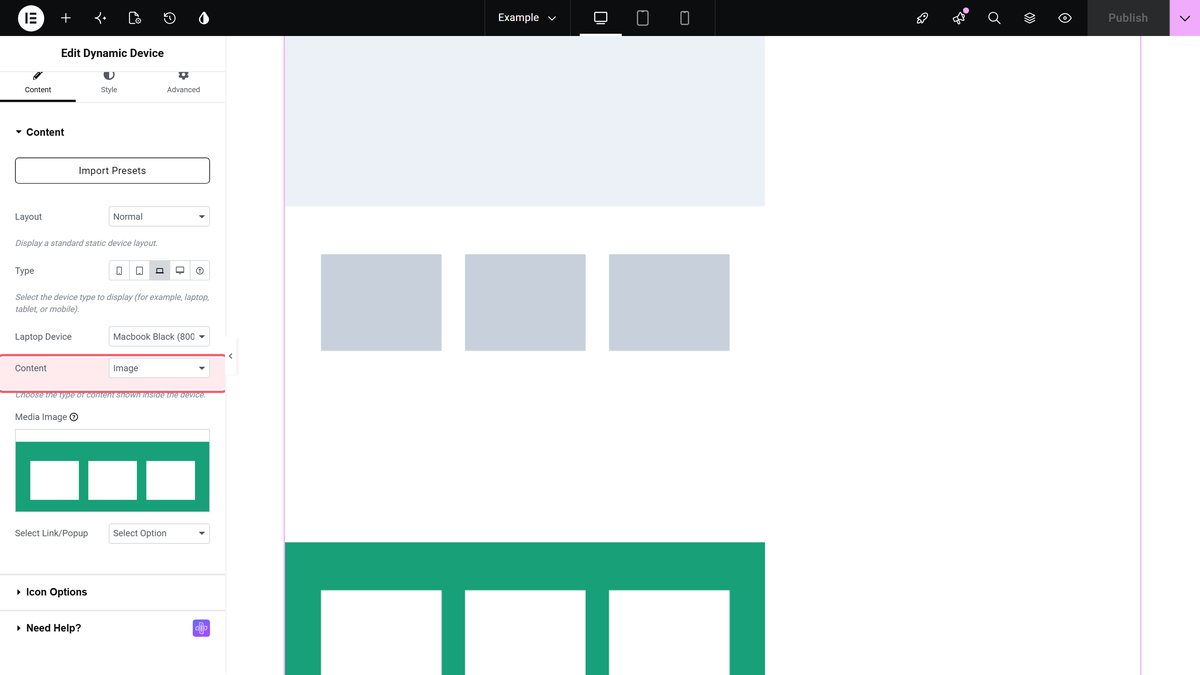 How to create Website Portfolio/Showcase Page in Elementor? The dynamic device widget's content section: layout, type, the device dropdown and the content type.