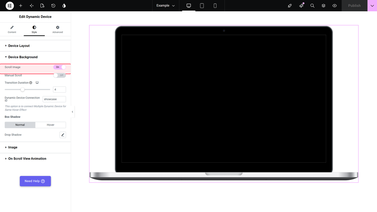 Style > device background, where scroll image, manual scroll, transition duration and the dynamic device connection id live.