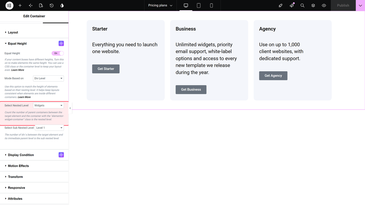 The equal height section in div level mode with select nested level set to widgets