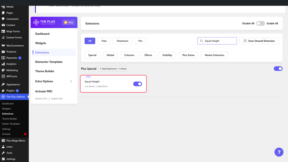 The plus addons extensions screen with equal height found by search and its toggle switched on
