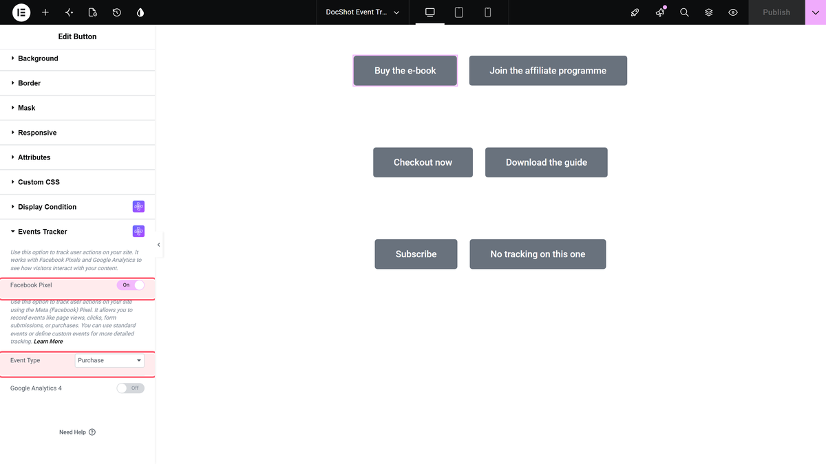 Event Tracker Settings Overview The events tracker section in the advanced tab of an elementor button widget
