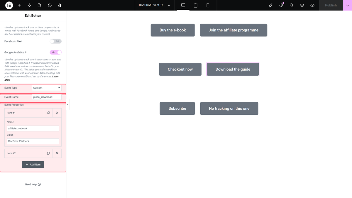 How to Track Custom Google Analytics 4 Events With Elementor? Events tracker with event type set to custom, an event name and two event properties rows