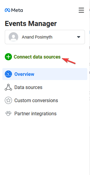 How to Track Facebook Pixel Events With Elementor? Meta events manager with the plus icon for connecting a new data source