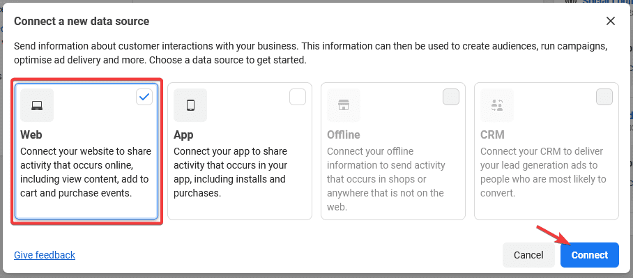 How to Track Facebook Pixel Events With Elementor? Meta events manager asking which data source to connect, with web selected