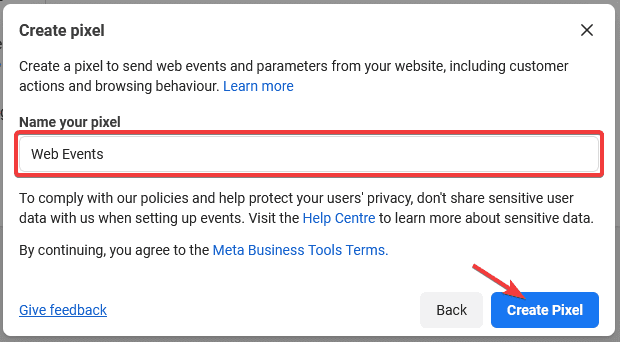 How to Track Facebook Pixel Events With Elementor? The create pixel dialog in meta events manager