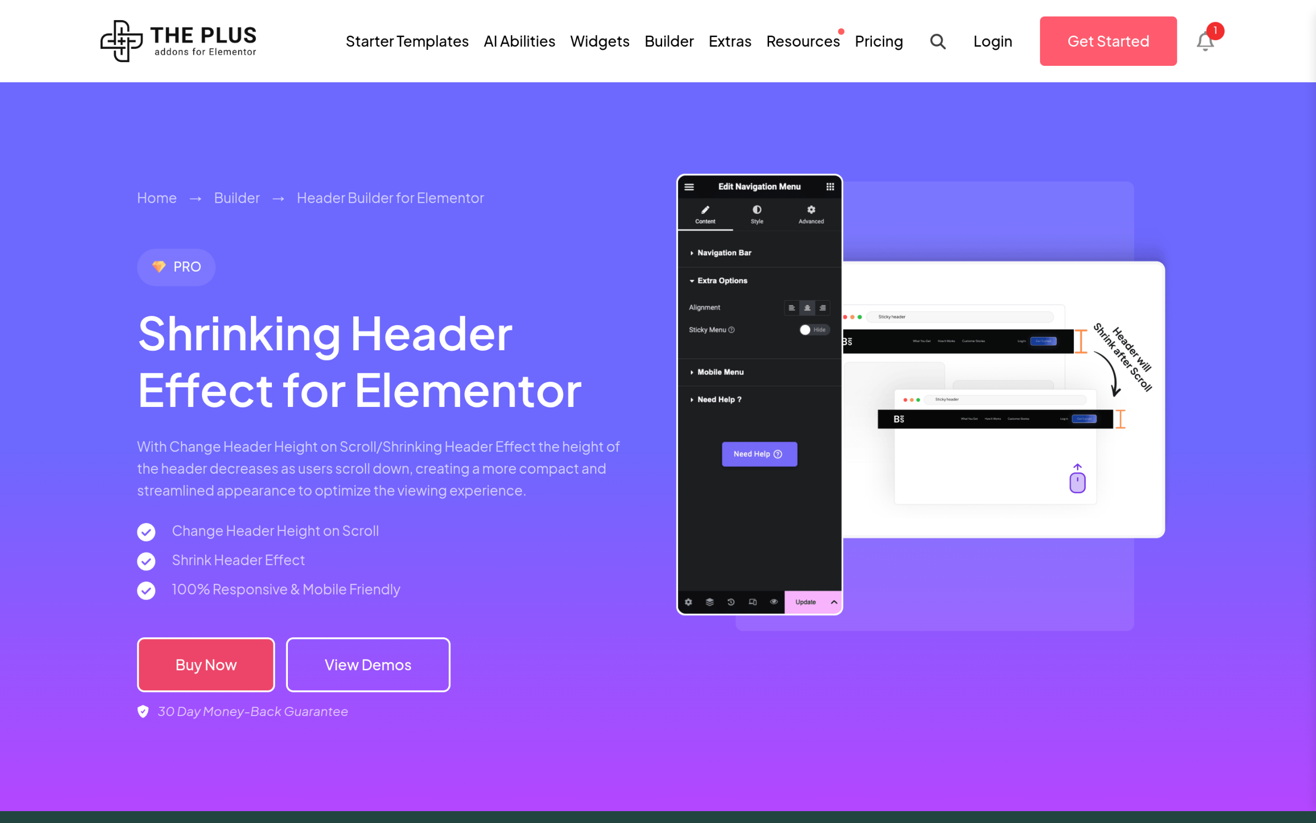 Elementor Transparent Header on Scroll: Step-by-Step Setup Guide Shrinking header effect settings used to solidify a transparent header on scroll