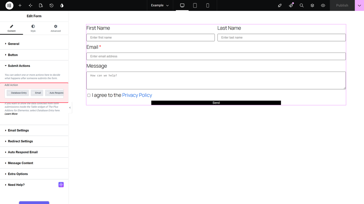 How to Create an Elementor Form for Free? The add action list of the form widget with several actions selected, including database entry and email