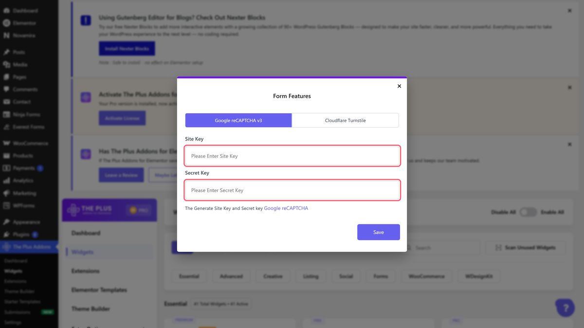 How to Add Google reCAPTCHA in Elementor Form? The form widget settings in the plus addons dashboard with the google recaptcha v3 site key and secret key fields