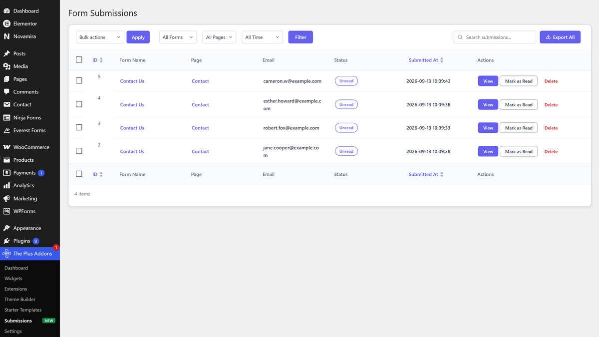 The form submissions page with the form, page, email, status and date of each entry