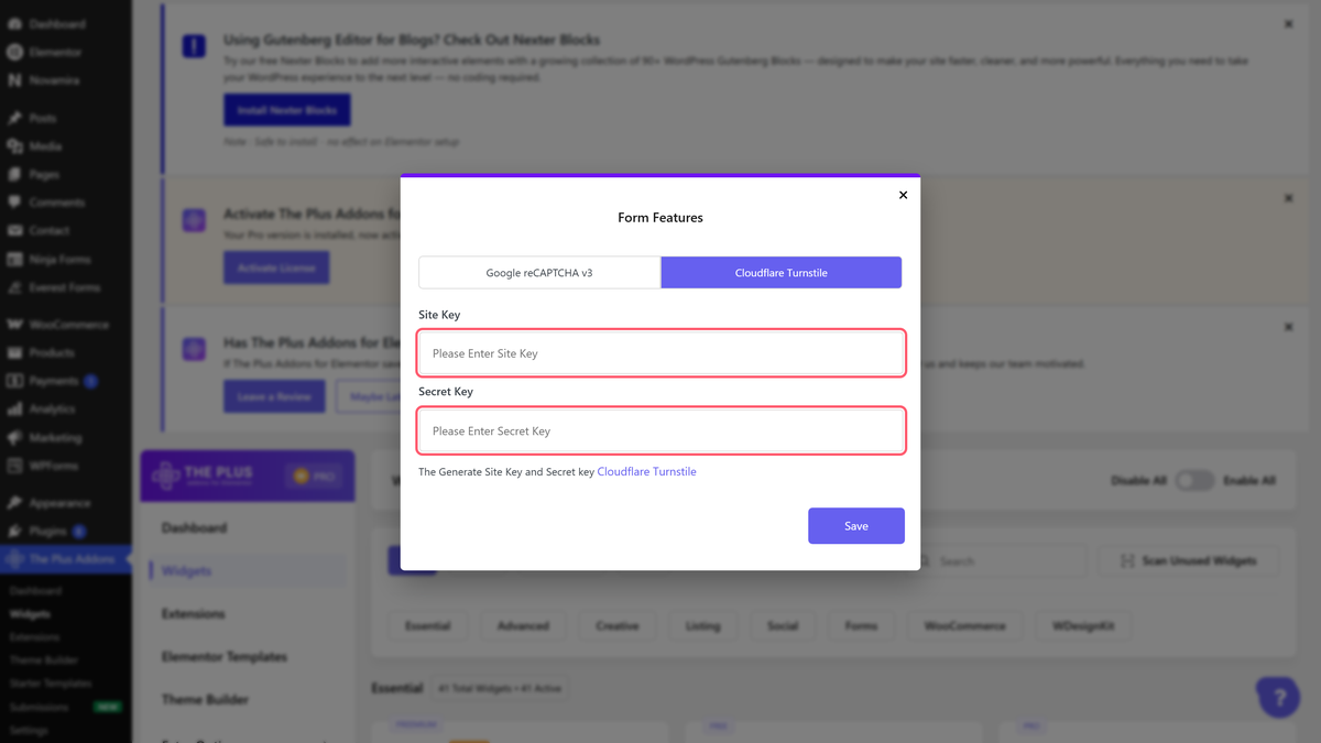 The form widget settings in the plus addons dashboard with the cloudflare turnstile site key and secret key fields