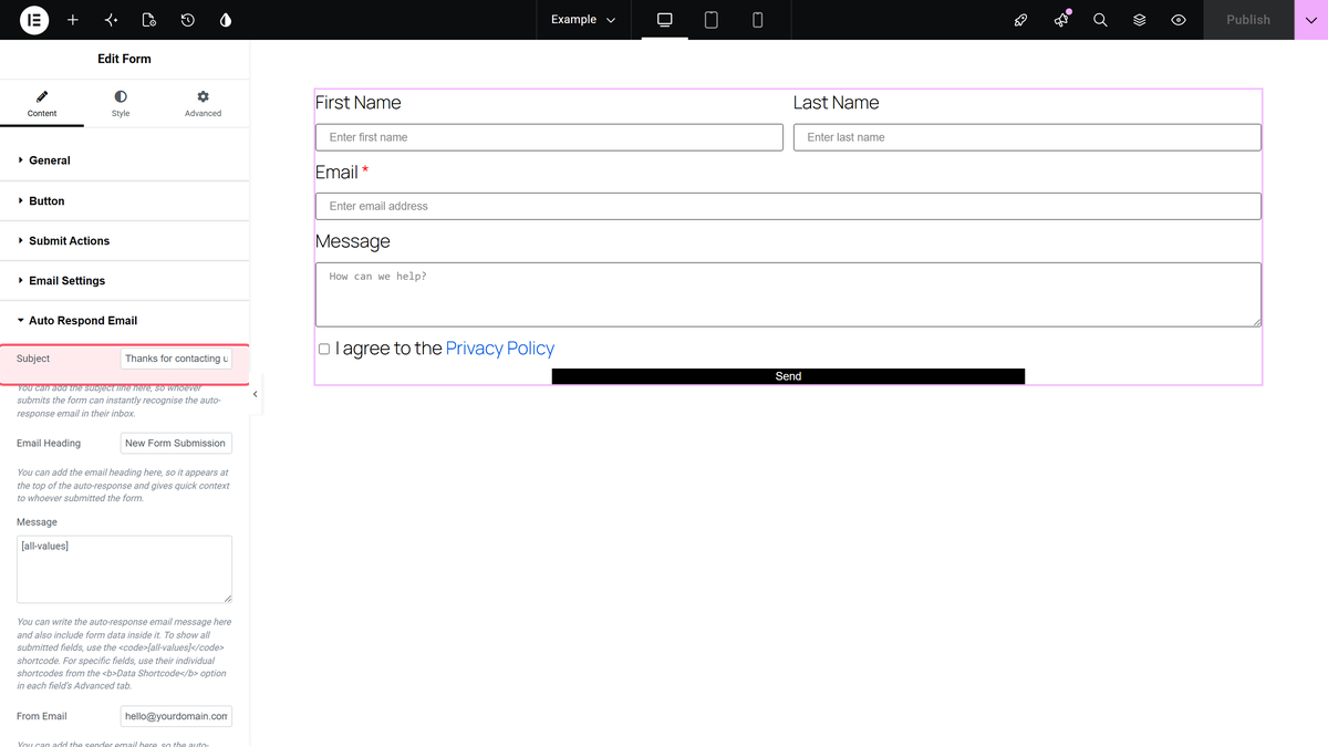 The auto respond email settings: subject, email heading, message, from email, from name and reply-to