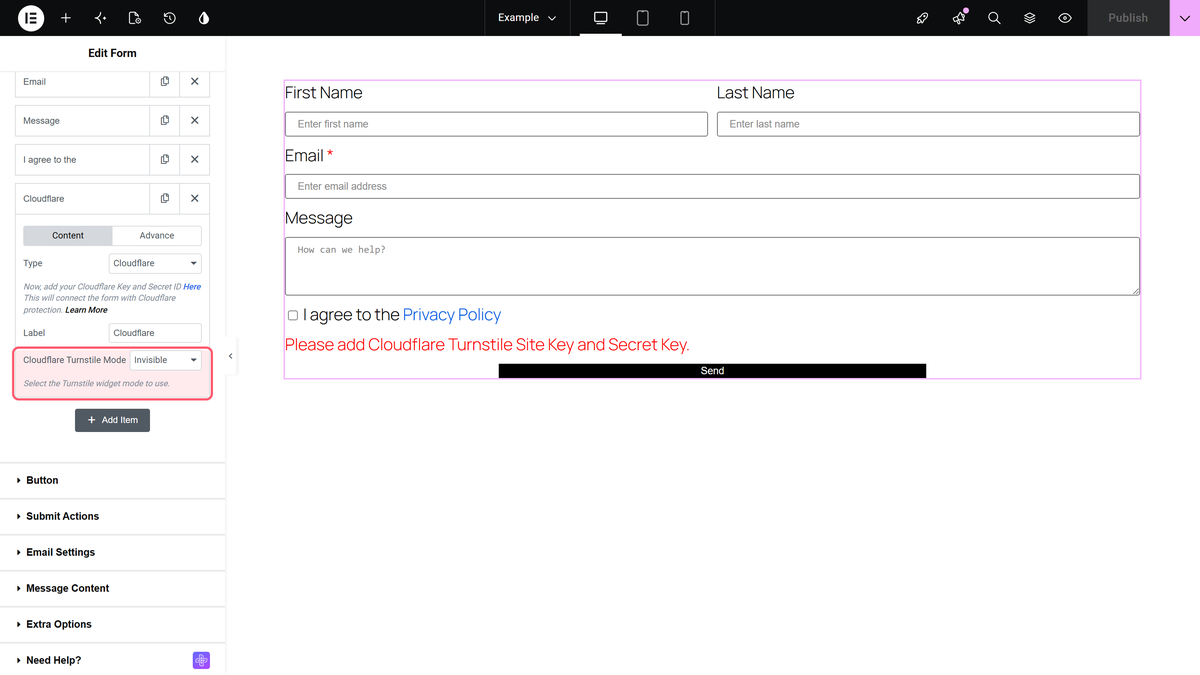 A cloudflare field added to the form widget with the cloudflare turnstile mode option