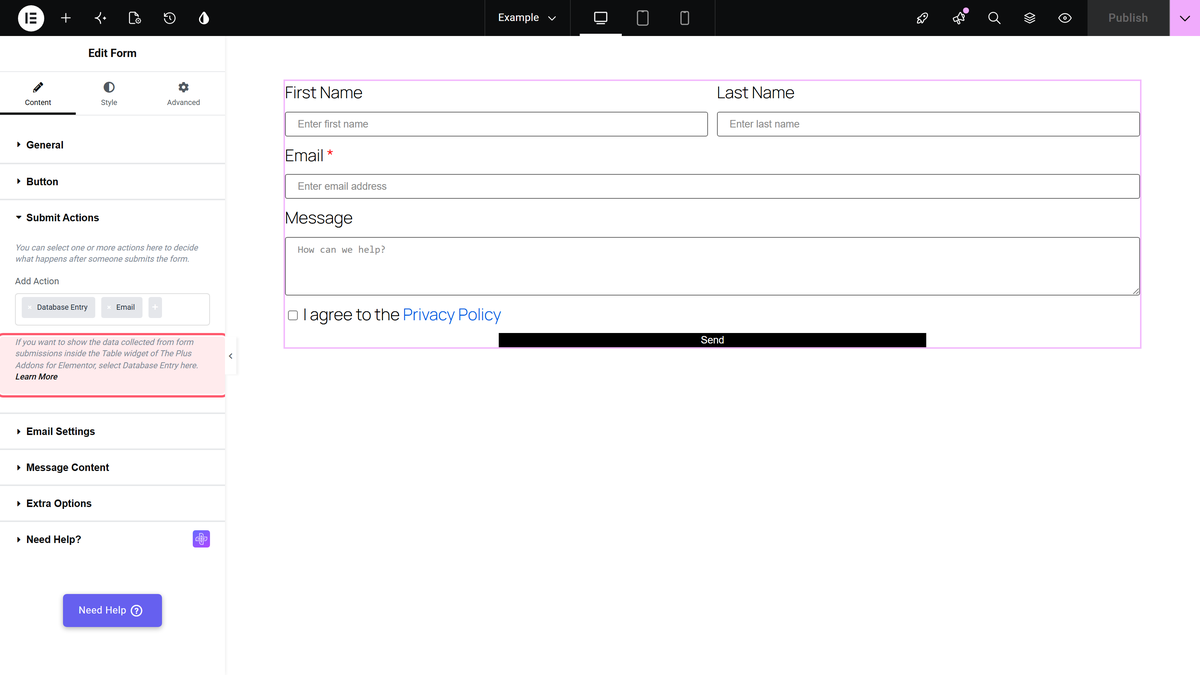 Database entry added in the add action list of the form widget