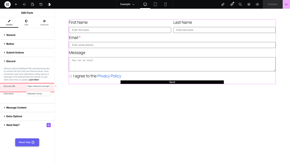 The discord settings of the form widget in the elementor editor