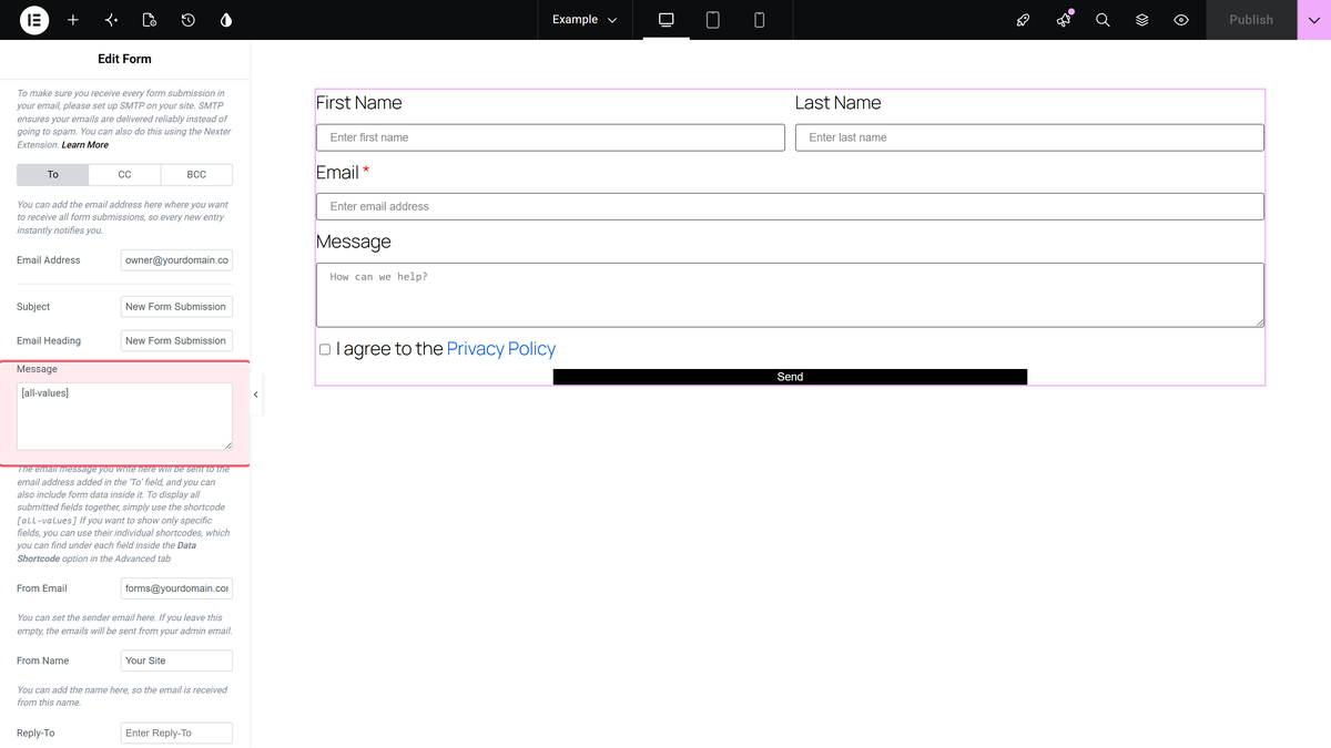 The subject, email heading, message, from email and from name settings of the email action