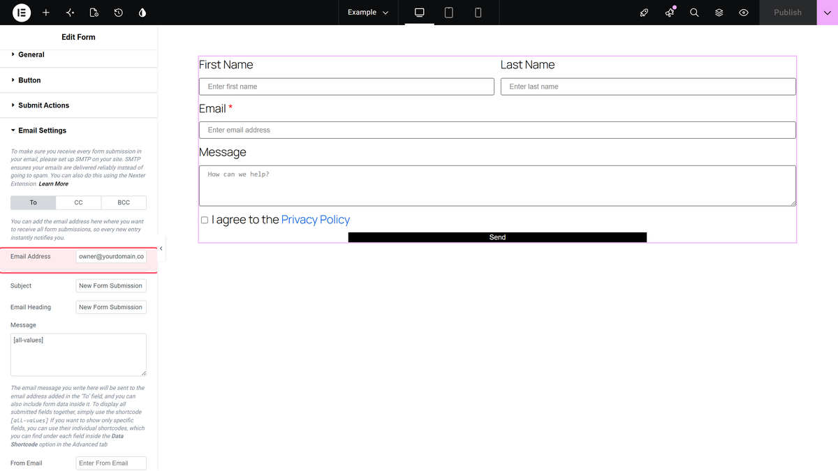 The email settings of the form widget with the to email address filled in