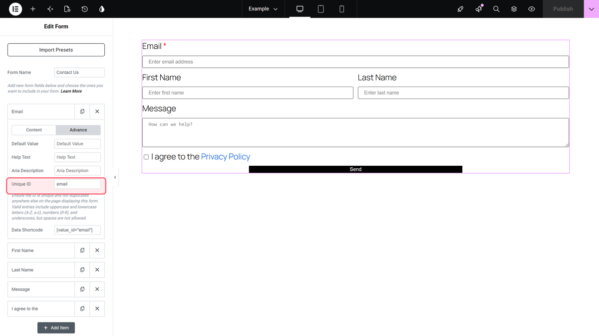 The unique id of the email field set to email in the advance tab