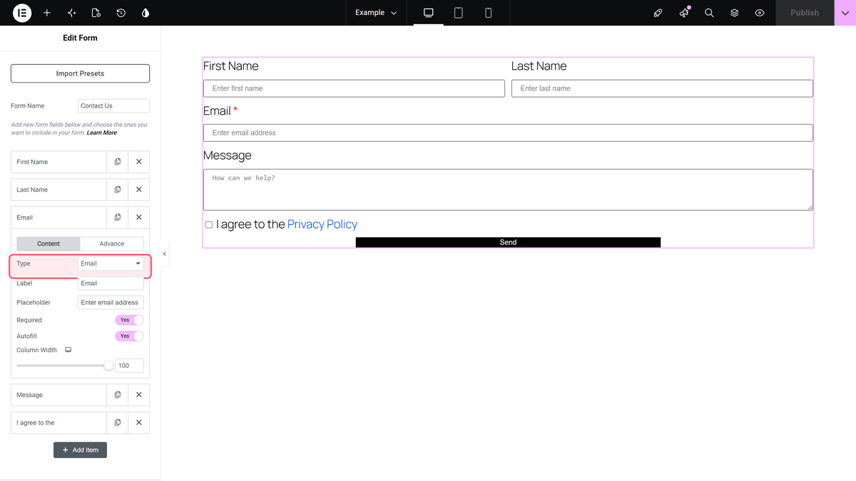 How to Create an Elementor Form for Free? A field opened in the form widget with type set to email and the required switch on