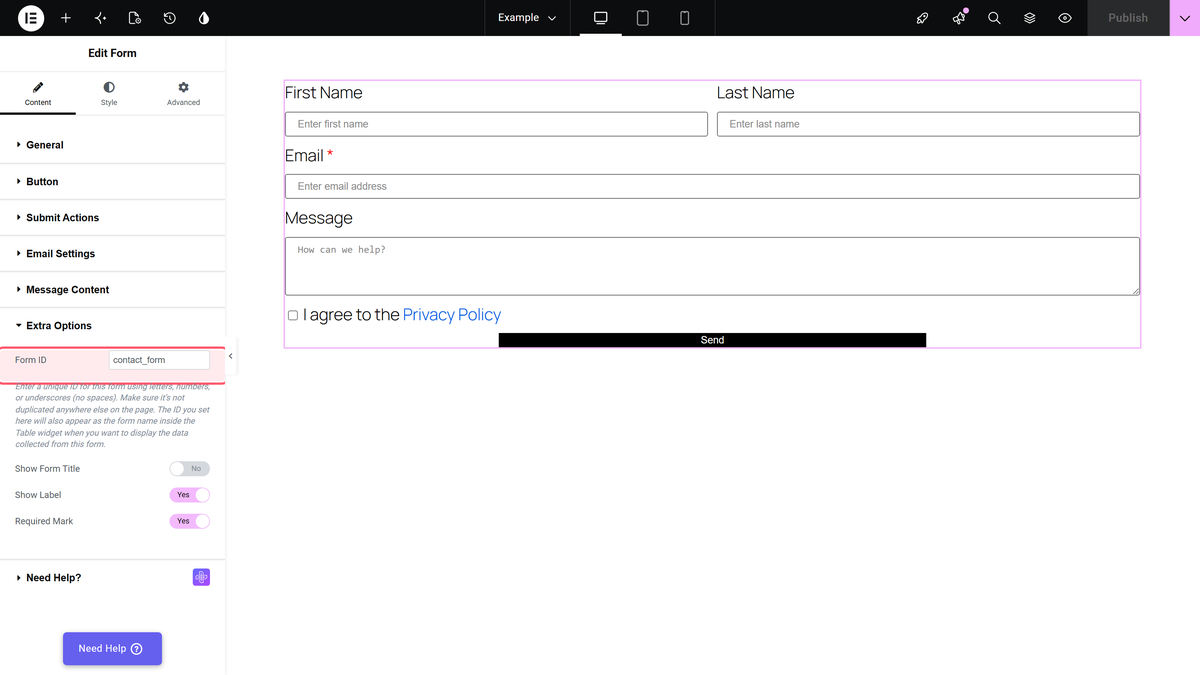 How to Create an Elementor Form for Free? The extra options section with form id, show form title, show label and required mark