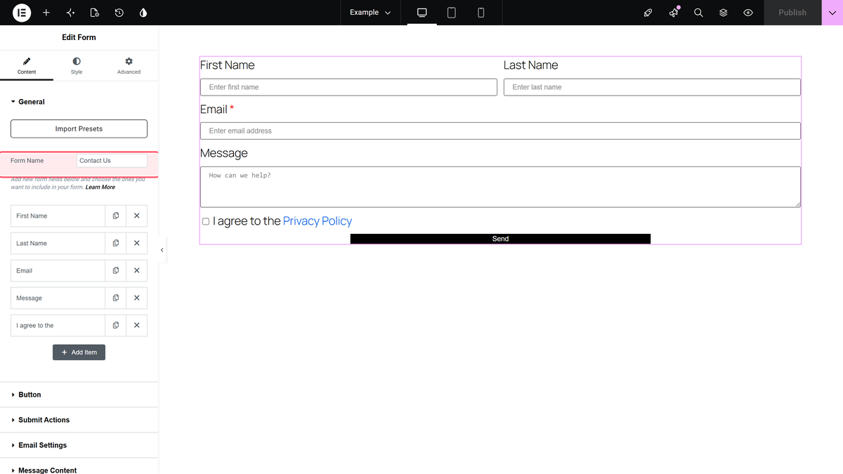 How to Create an Elementor Form for Free? The general section of the form widget with the form name and the list of fields