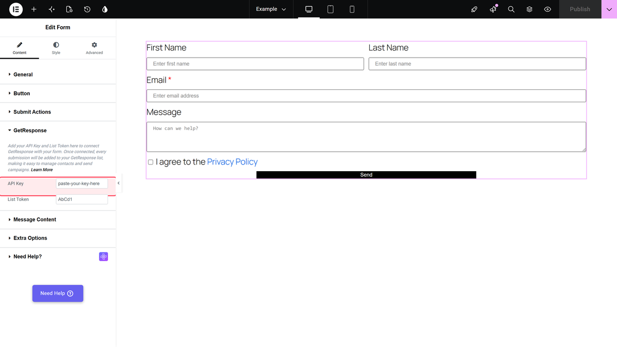 How to Connect GetResponse to an Elementor Form? The getresponse settings of the form widget in the elementor editor