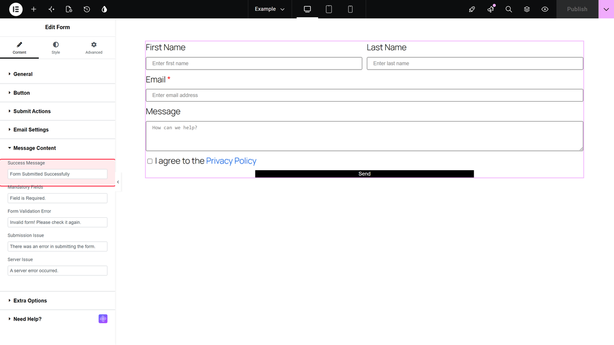 How to Create an Elementor Form for Free? The message content section with the success message and error message texts