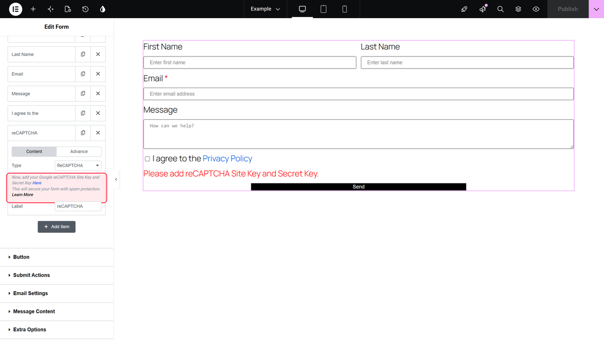 How to Add Google reCAPTCHA in Elementor Form? A recaptcha field added to the form widget, with the notice linking to the key settings