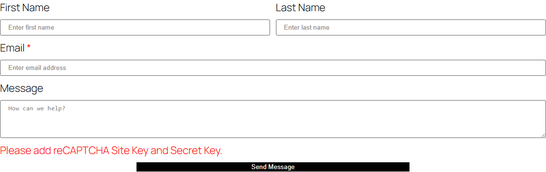 How to Add Google reCAPTCHA in Elementor Form? A form on the page showing the red please add recaptcha site key and secret key warning