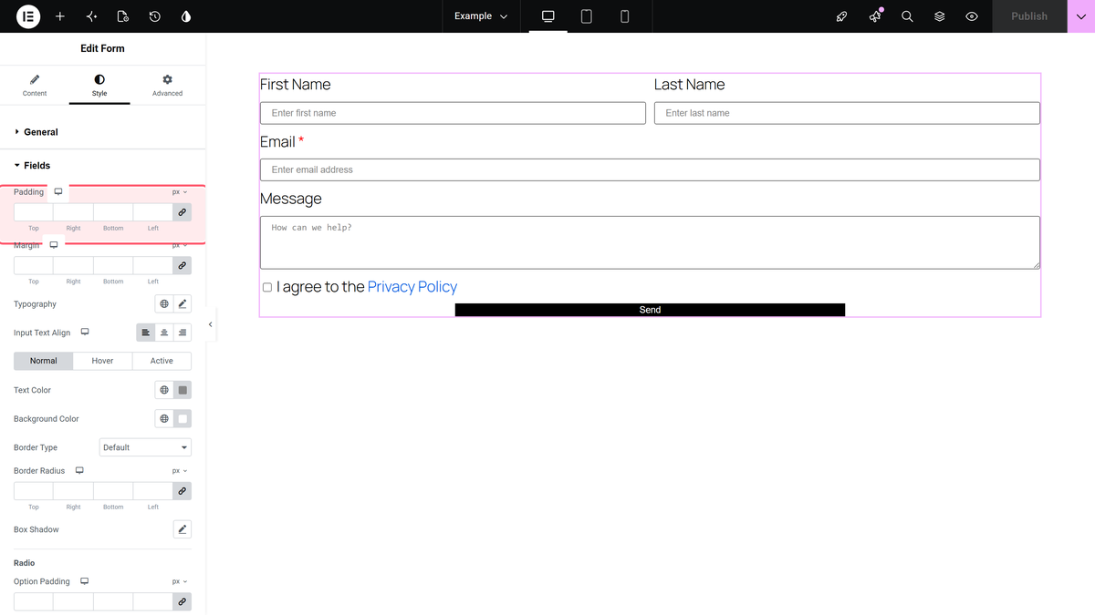 How to Create an Elementor Form for Free? The style tab of the form widget with the fields section open