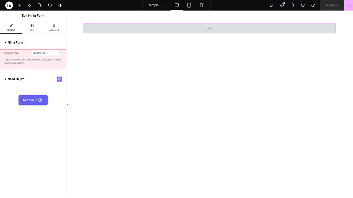 Select form in the ninja form widget, with an empty elementor canvas beside it