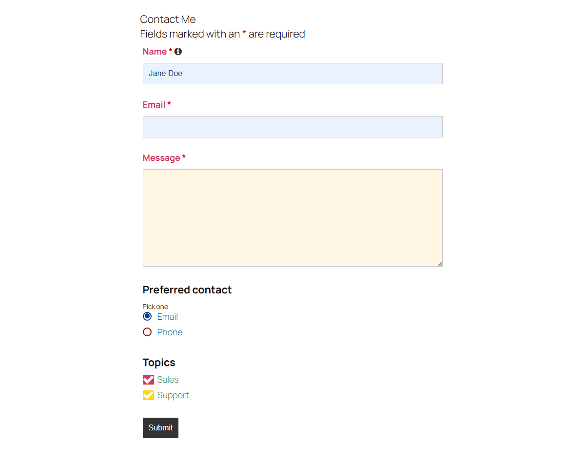 A ninja form on the front end with the widget's label, input field, text area, radio button and checkbox styling applied; the submit button keeps ninja's own light style