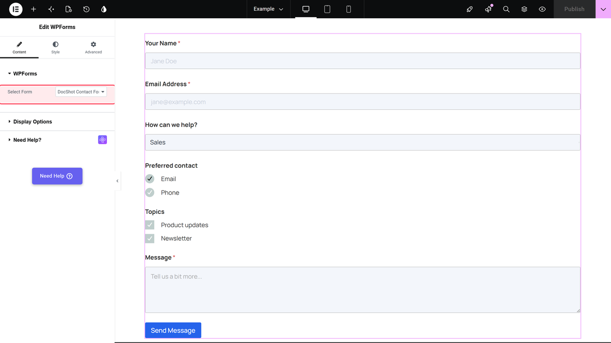 How to Customize WPForms in Elementor (NO CSS) Select form and display options in the wpforms widget content tab