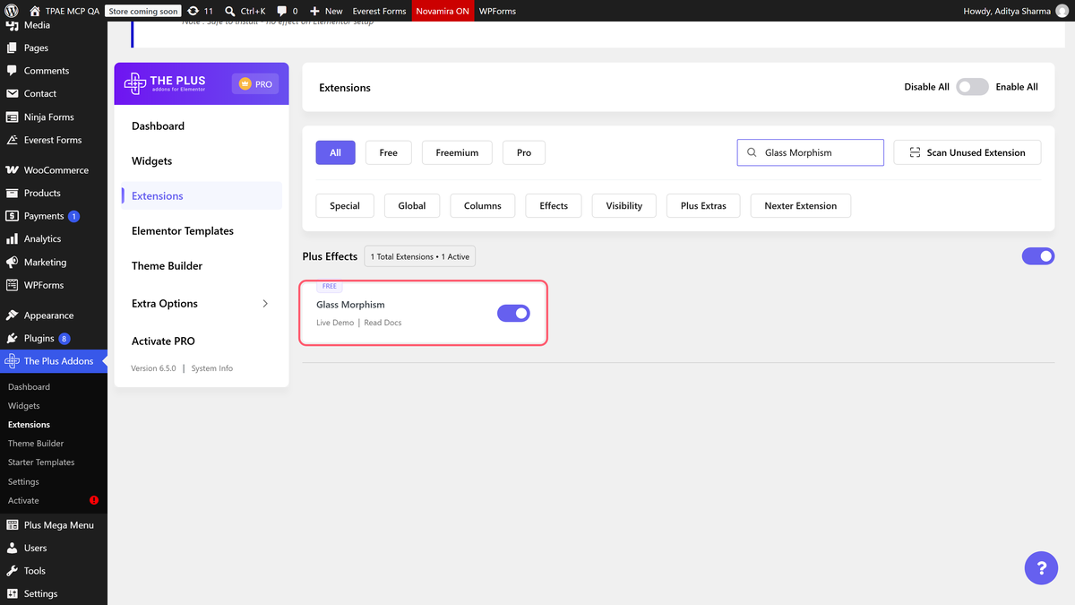 Switching the glass morphism extension on under the plus addons > extensions