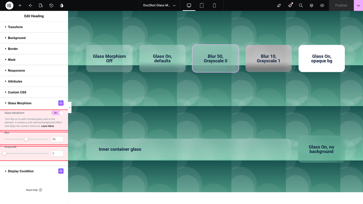 The glass morphism toggle, blur and grayscale controls on the advanced tab