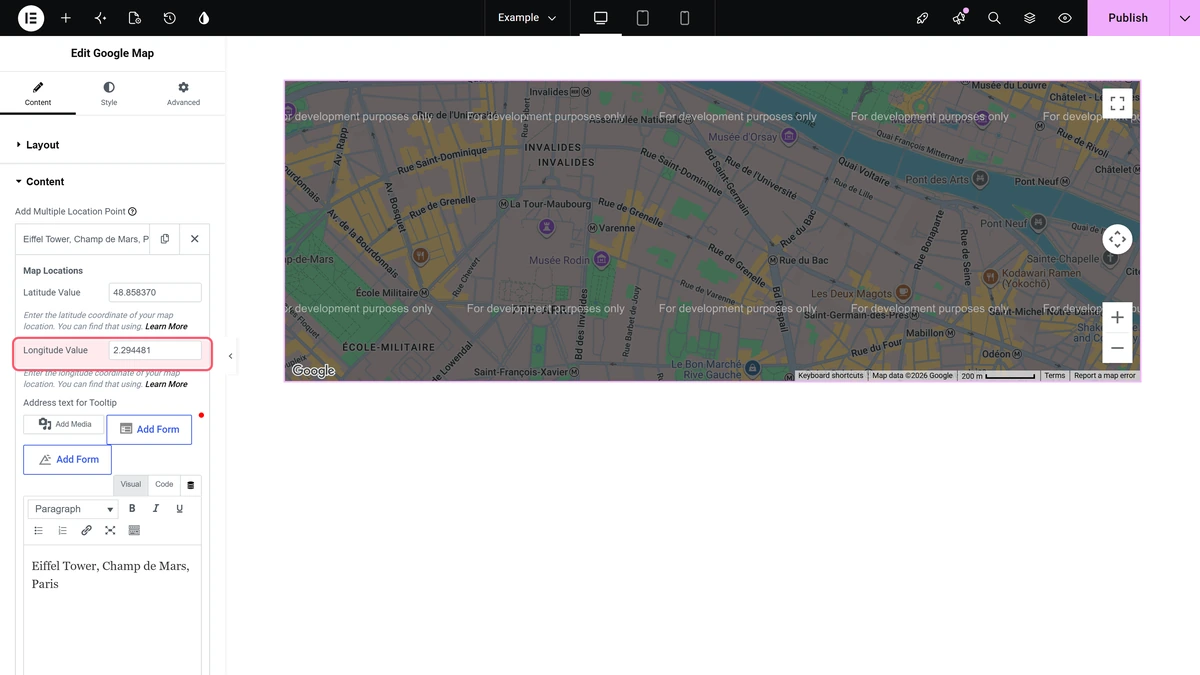 A location row open, showing latitude value and longitude value