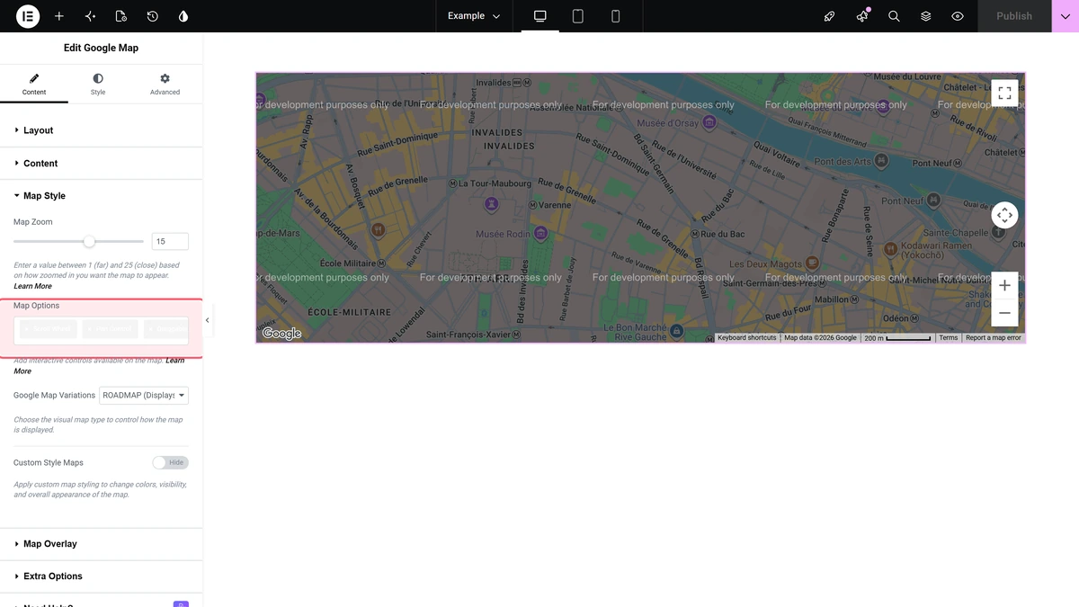 The map options multi-select in the map style section, with its default entries