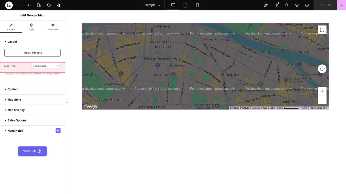 Map type dropdown in the layout section, set to google map