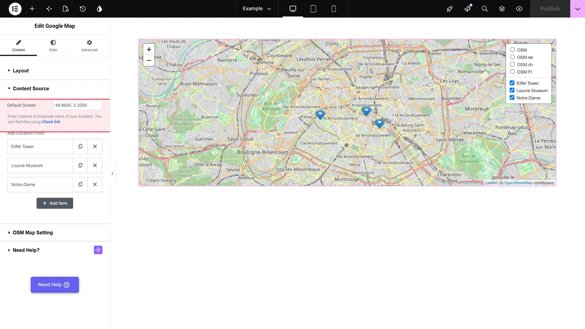 The content source section with default screen and one location point
