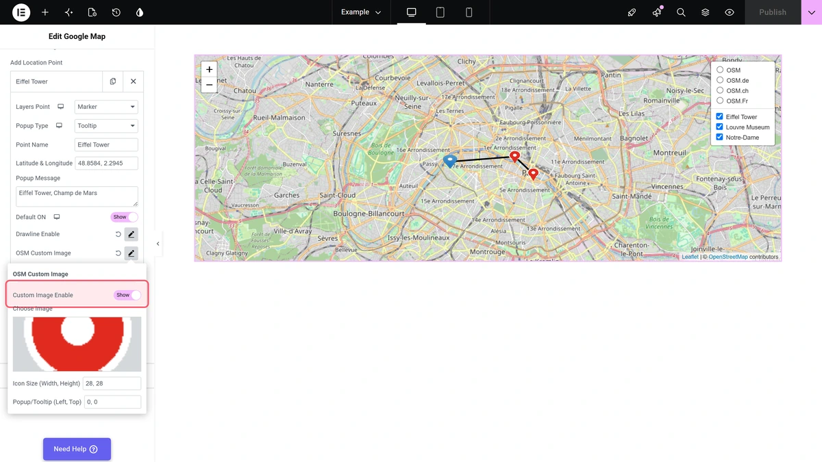 How to add custom marker in Google Maps in Elementor? The osm custom image popover with custom image enable switched on