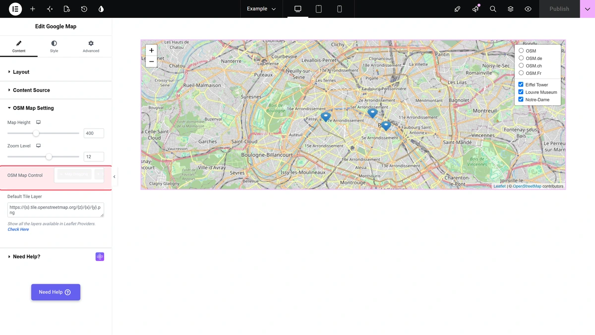 The osm map setting section with map height, zoom level and osm map control