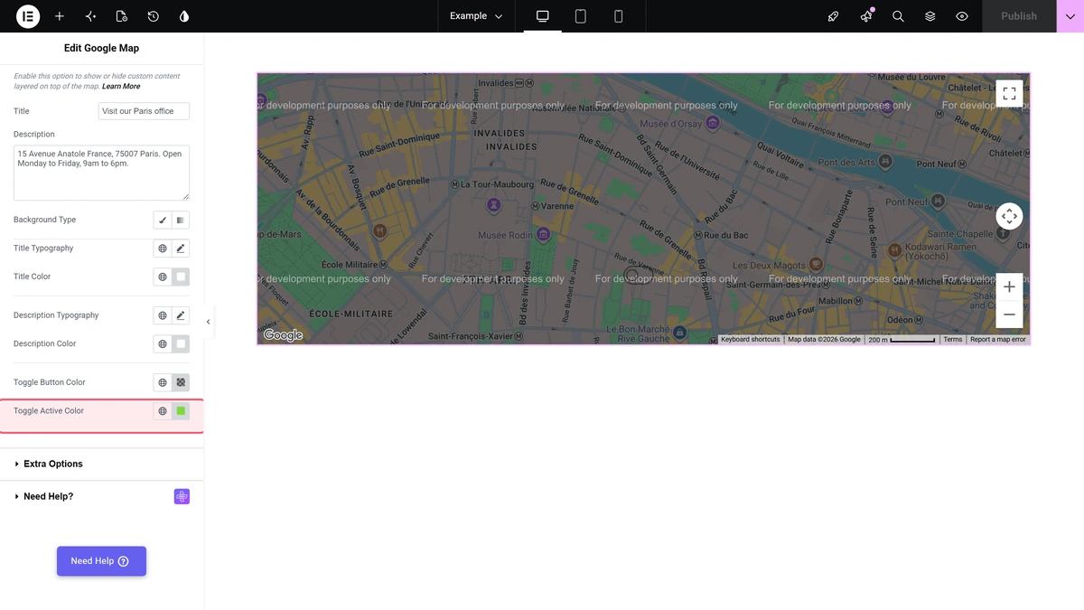 How to add Text info overlay above Google Maps in Elementor? Toggle button color and toggle active color at the end of the map overlay section