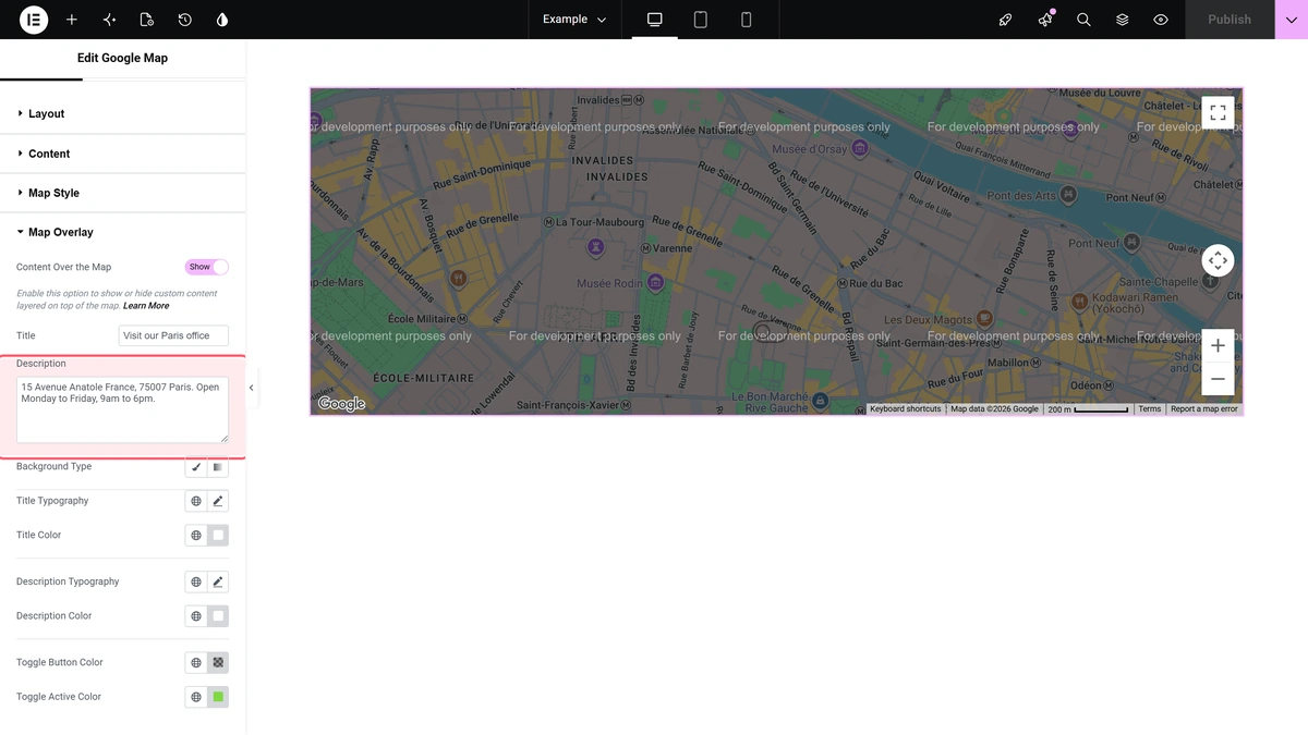 How to add Text info overlay above Google Maps in Elementor? Map overlay section with content over the map switched on, title and description filled in