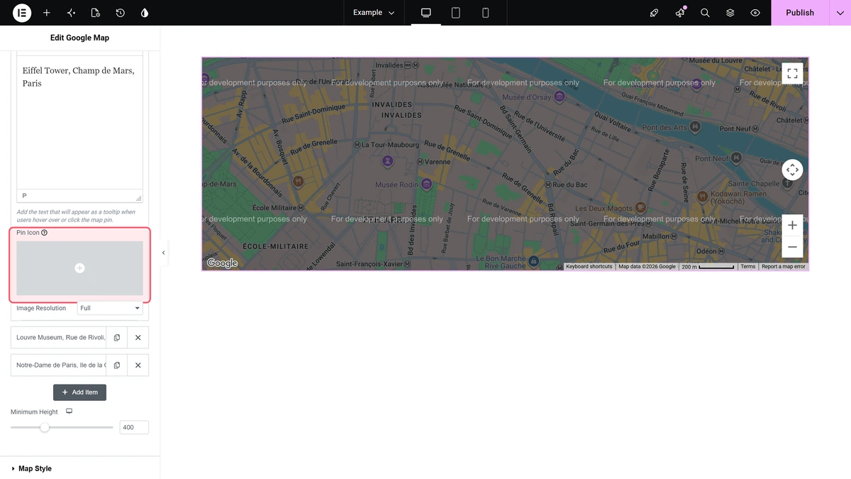 How to add custom marker in Google Maps in Elementor? Pin icon field inside a location row of add multiple location point